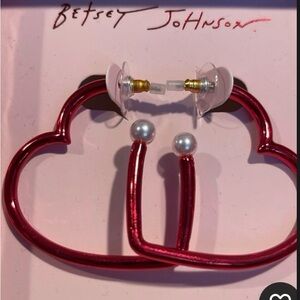 Betsy Johnson “Love Spell” Red Metallic Heart Hoop Earrings w Faux PearlAccents
